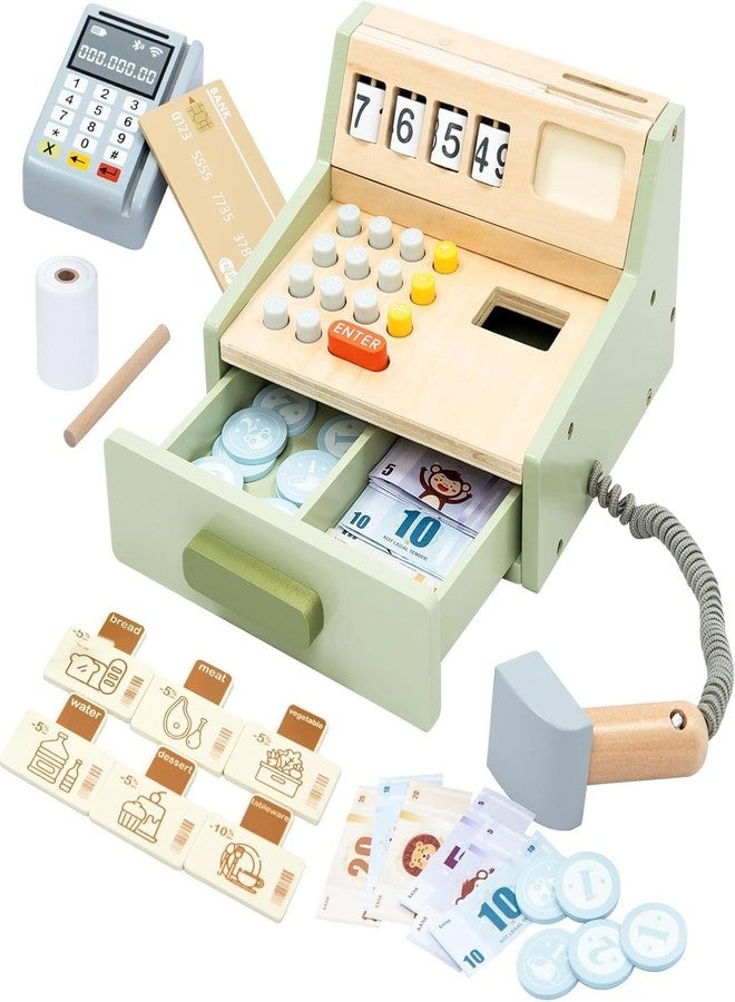 Wudly® Wooden Cash Register Pretend Play Toy | Kids Shopping Role Play Set with Scanner, Calculator, Cash, Coins & Credit Card | Montessori Educational Learning Toy Gift for Boys & Girls (3+ Years) - Image 1
